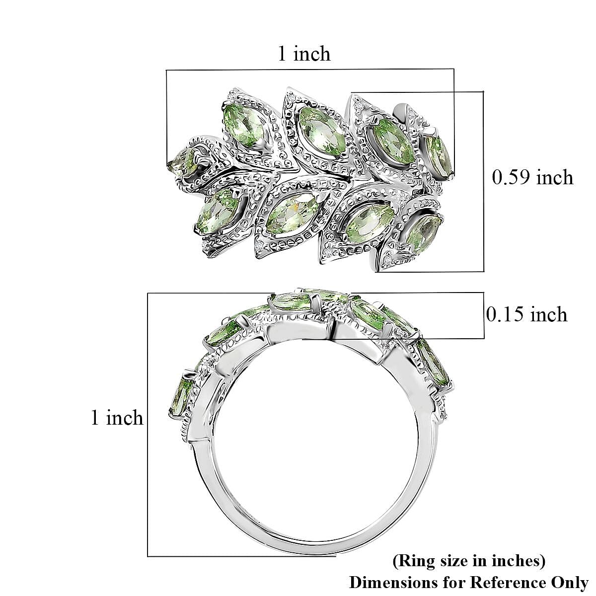 Brazilian Mint Garnet and White Zircon Leaf Ring in Rhodium Over Sterling Silver (Size 5.0) 1.30 ctw