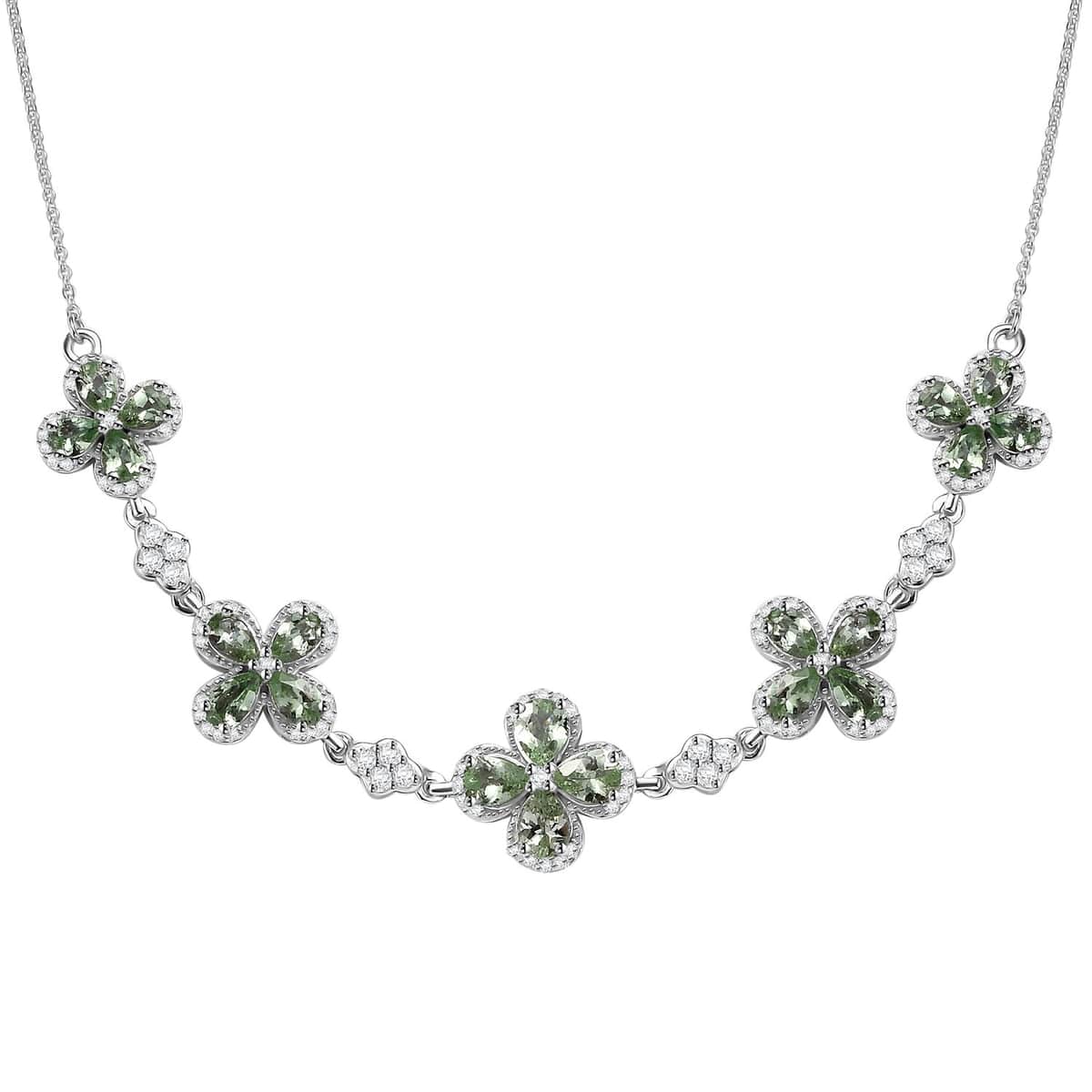 Brazilian Mint Garnet and Moissanite Clover Necklace 18 Inches in Rhodium Over Sterling Silver 5.40 ctw image number 0
