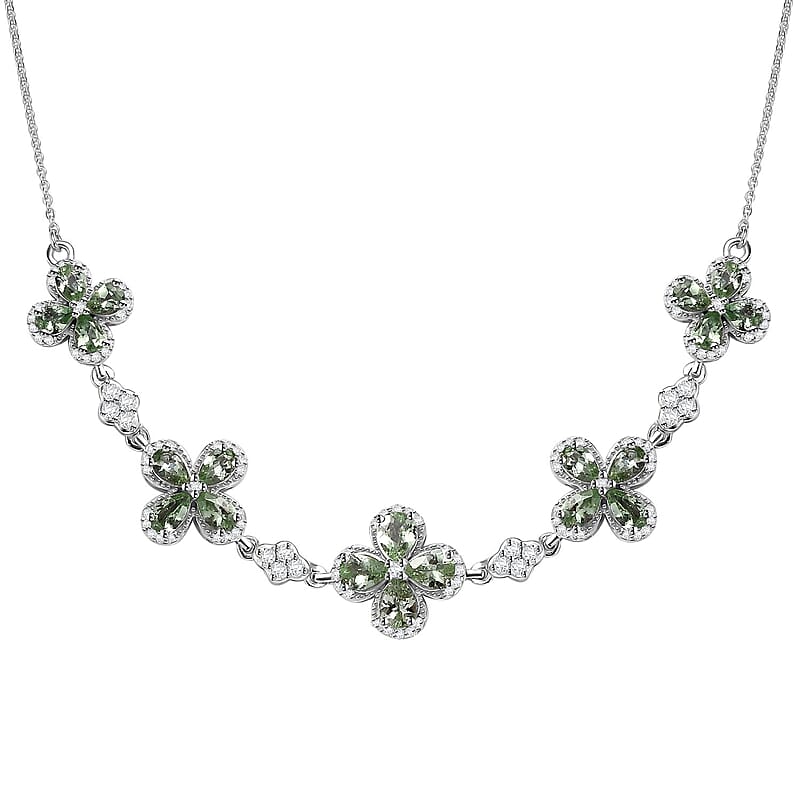 D'Joy Brazilian Mint Garnet and Moissanite Clover Necklace 18 Inches in Rhodium Over Sterling Silver 5.40 ctw