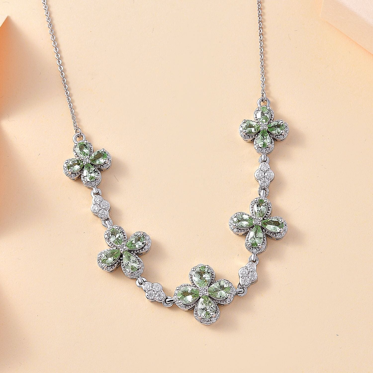 D'Joy Brazilian Mint Garnet and Moissanite Clover Necklace 18 Inches in Rhodium Over Sterling Silver 5.40 ctw
