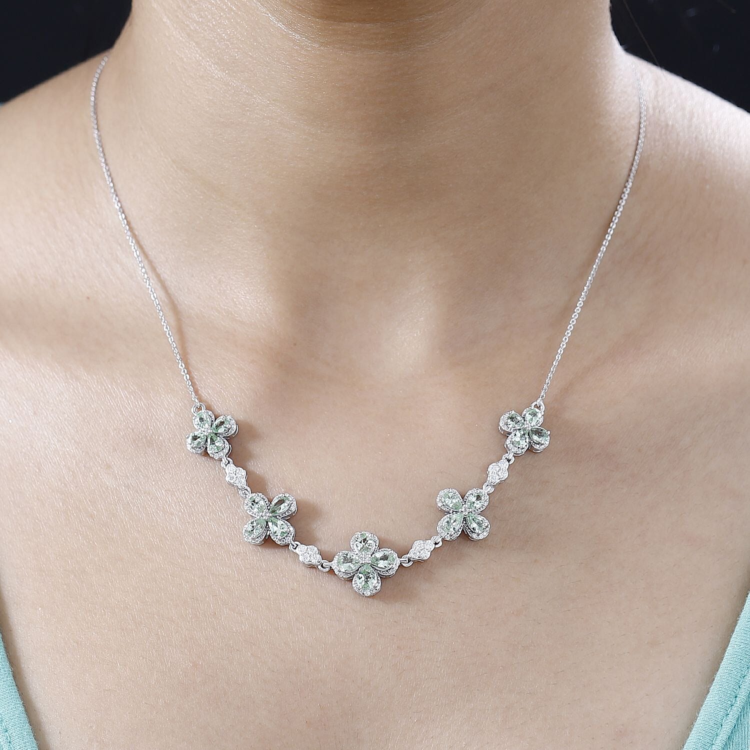 D'Joy Brazilian Mint Garnet and Moissanite Clover Necklace 18 Inches in Rhodium Over Sterling Silver 5.40 ctw