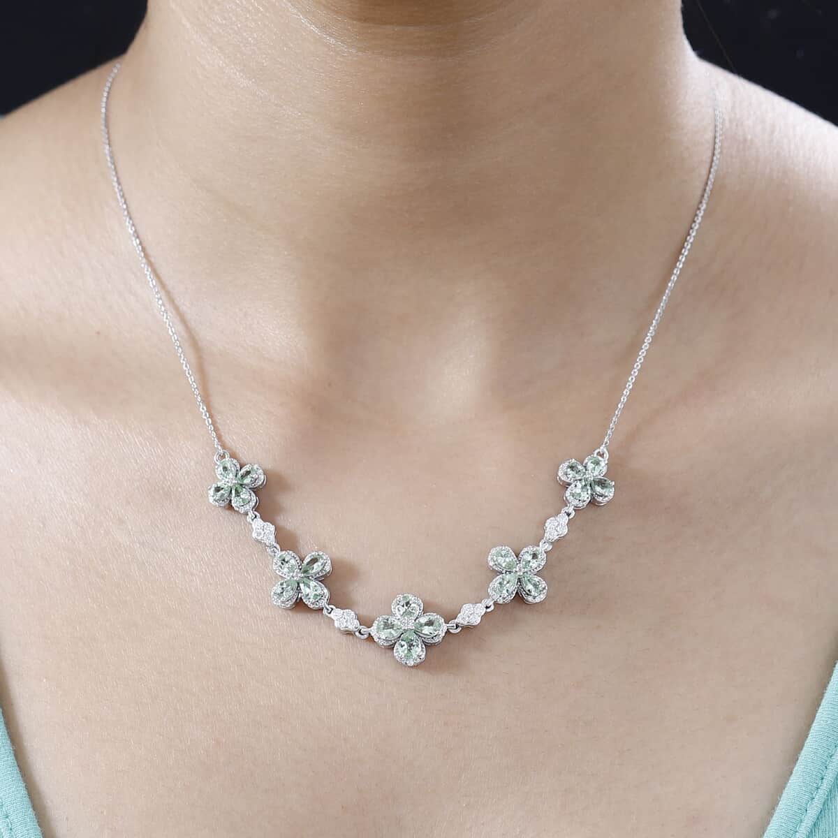 Brazilian Mint Garnet and Moissanite Clover Necklace 18 Inches in Rhodium Over Sterling Silver 5.40 ctw image number 2