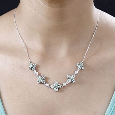 D'Joy Brazilian Mint Garnet and Moissanite Clover Necklace 18 Inches in Rhodium Over Sterling Silver 5.40 ctw