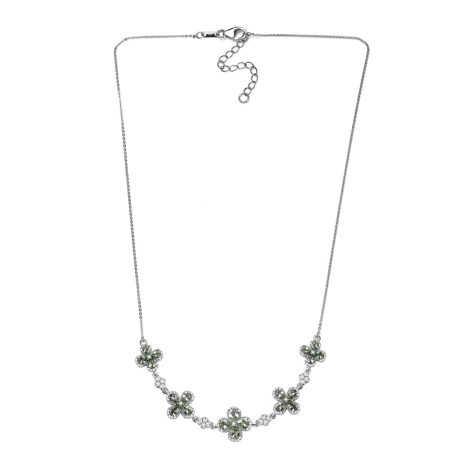 D'Joy Brazilian Mint Garnet and Moissanite Clover Necklace 18 Inches in Rhodium Over Sterling Silver 5.40 ctw