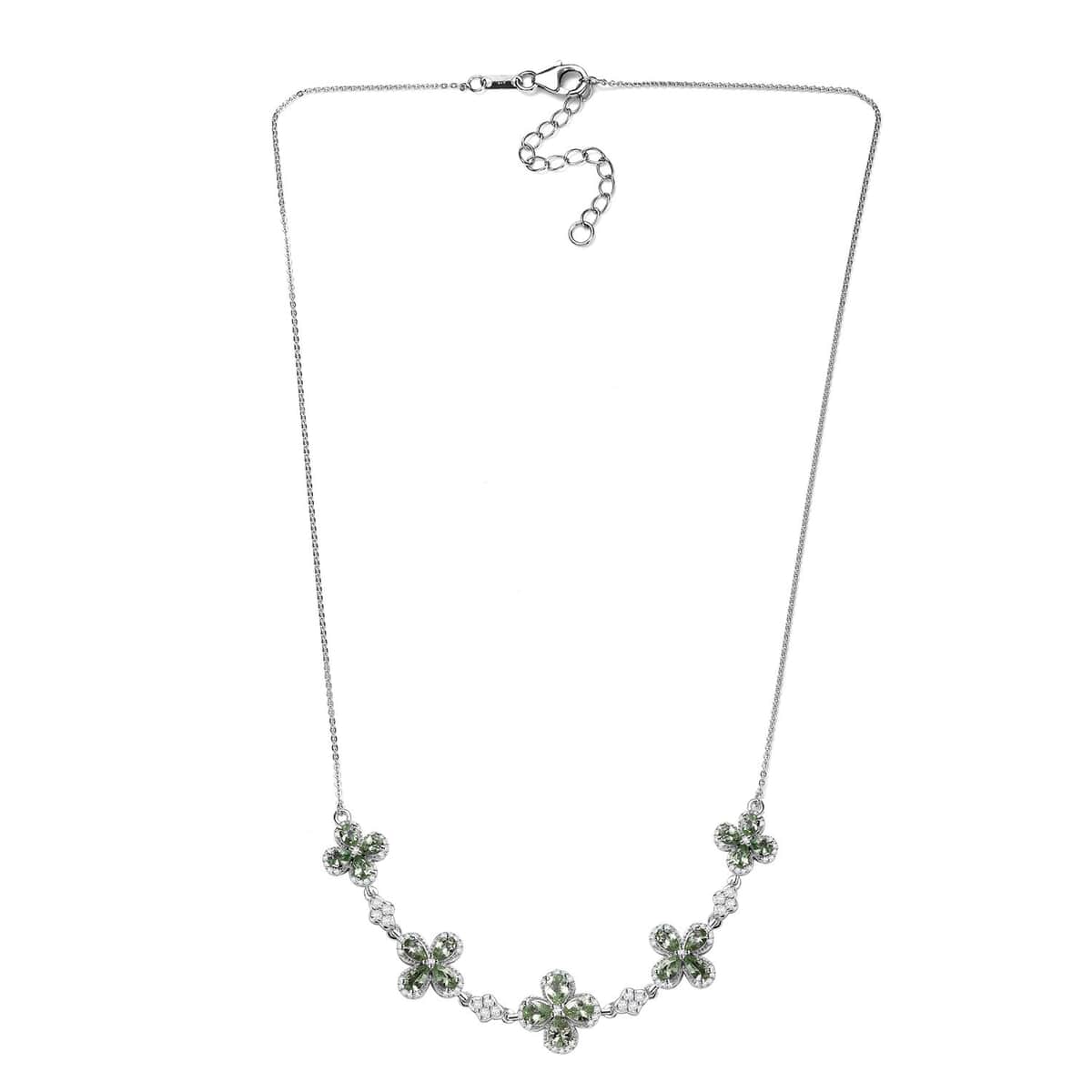Brazilian Mint Garnet and Moissanite Clover Necklace 18 Inches in Rhodium Over Sterling Silver 5.40 ctw image number 3