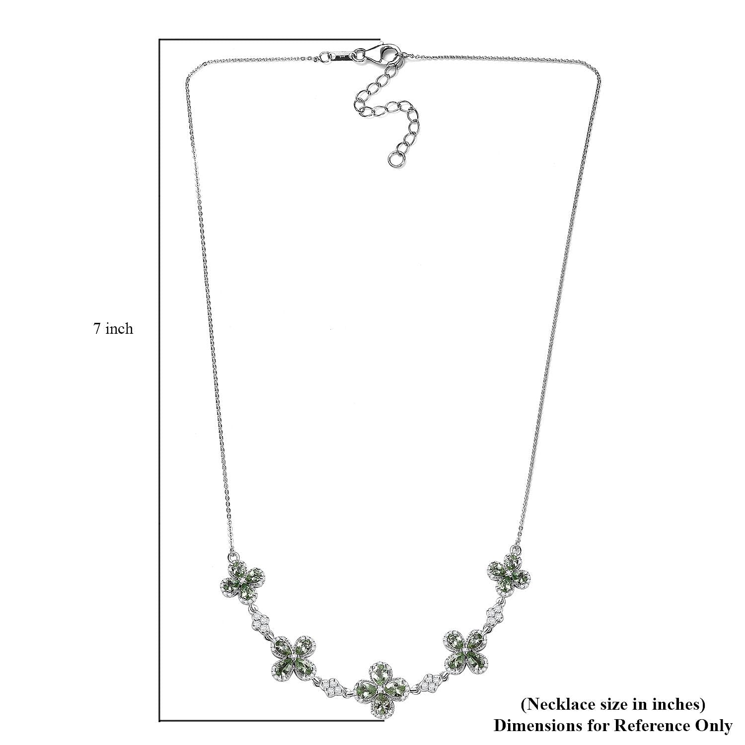 D'Joy Brazilian Mint Garnet and Moissanite Clover Necklace 18 Inches in Rhodium Over Sterling Silver 5.40 ctw