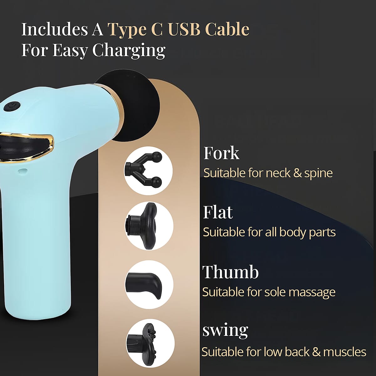 Soulsmart Rechargeable and Portable Massage Gun with 8 Replaceable Head - Sky Blue (30w, 7.4v) image number 5