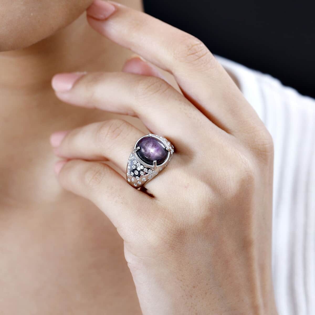 Indian Star Ruby and Moissanite Starry Night Ring in Rhodium Over Sterling Silver (Size 5.0) 9.10 ctw image number 2