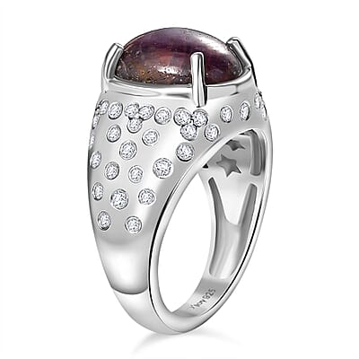 Indian Star Ruby and Moissanite Starry Night Ring in Rhodium Over Sterling Silver (Size 5.0) 9.10 ctw