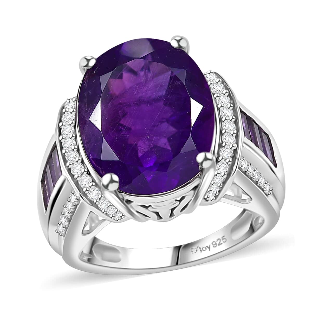 African Amethyst and White Zircon 10.00 ctw Art and Deco Ring in Rhodium Over Sterling Silver (Size 6.0) image number 0