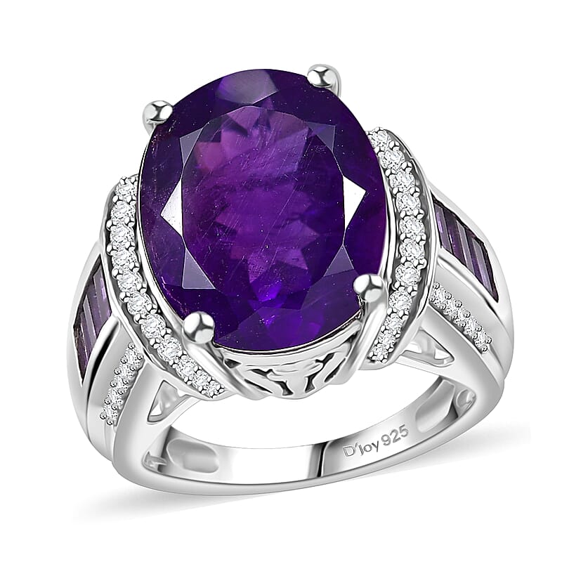 African Amethyst and White Zircon 10.00 ctw Art and Deco Ring in Rhodium Over Sterling Silver (Size 6.0)