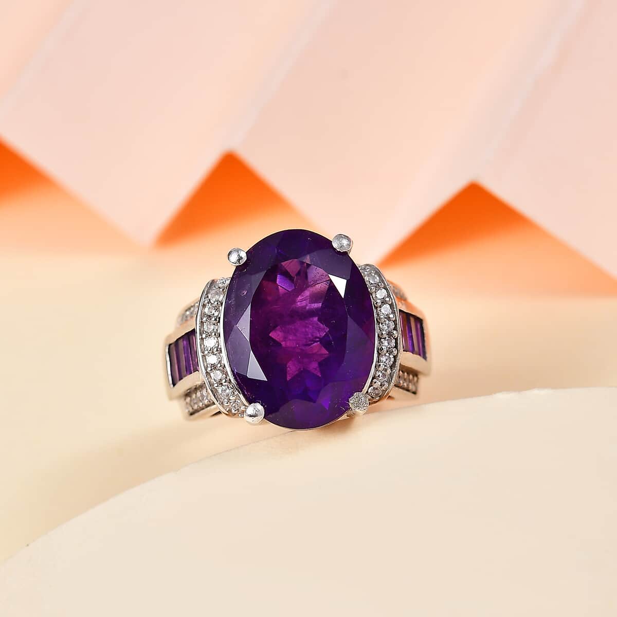 African Amethyst and White Zircon 10.00 ctw Art and Deco Ring in Rhodium Over Sterling Silver (Size 6.0) image number 1