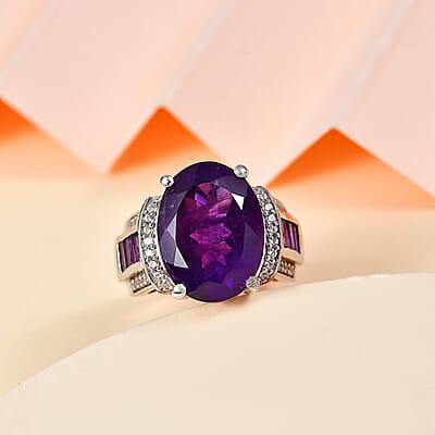 African Amethyst and White Zircon 10.00 ctw Art and Deco Ring in Rhodium Over Sterling Silver (Size 6.0)