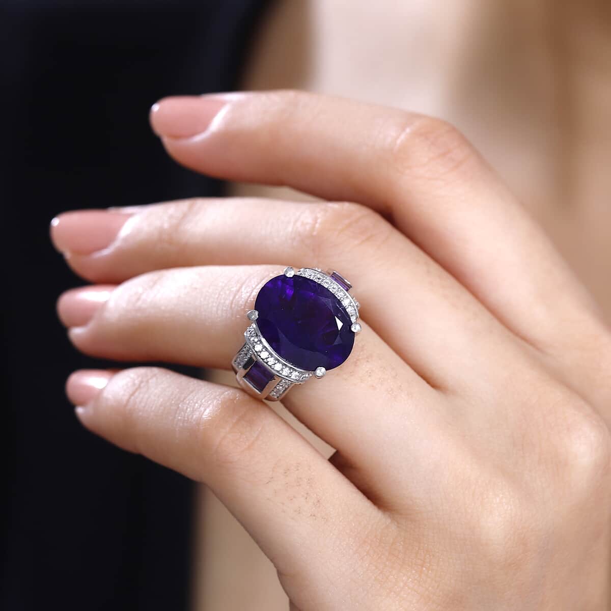 African Amethyst and White Zircon 10.00 ctw Art and Deco Ring in Rhodium Over Sterling Silver (Size 6.0) image number 2