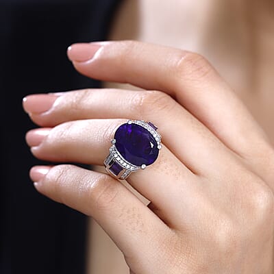 African Amethyst and White Zircon 10.00 ctw Art and Deco Ring in Rhodium Over Sterling Silver (Size 6.0)