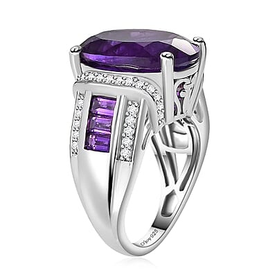 African Amethyst and White Zircon 10.00 ctw Art and Deco Ring in Rhodium Over Sterling Silver (Size 6.0)