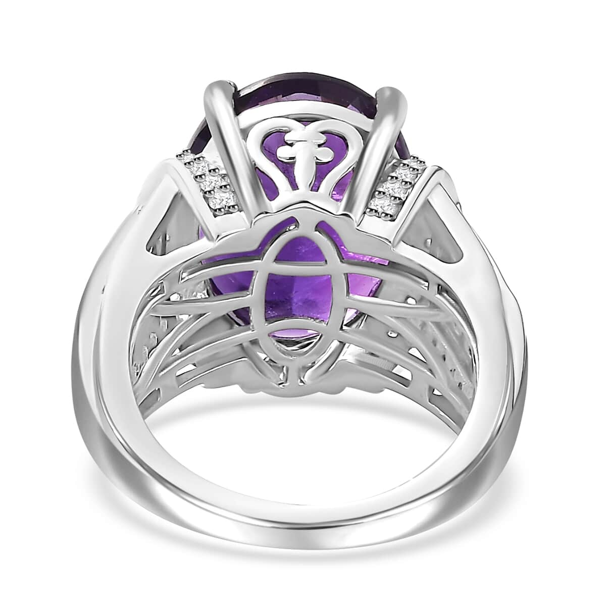 African Amethyst and White Zircon 10.00 ctw Art and Deco Ring in Rhodium Over Sterling Silver (Size 6.0) image number 4