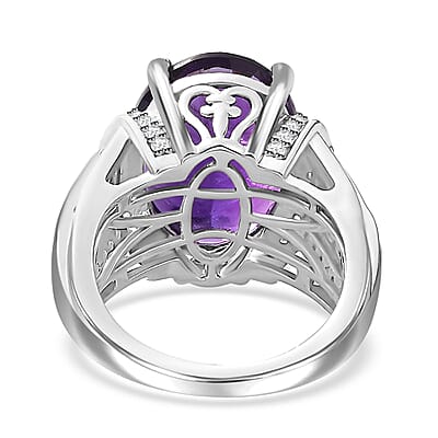 African Amethyst and White Zircon 10.00 ctw Art and Deco Ring in Rhodium Over Sterling Silver (Size 6.0)