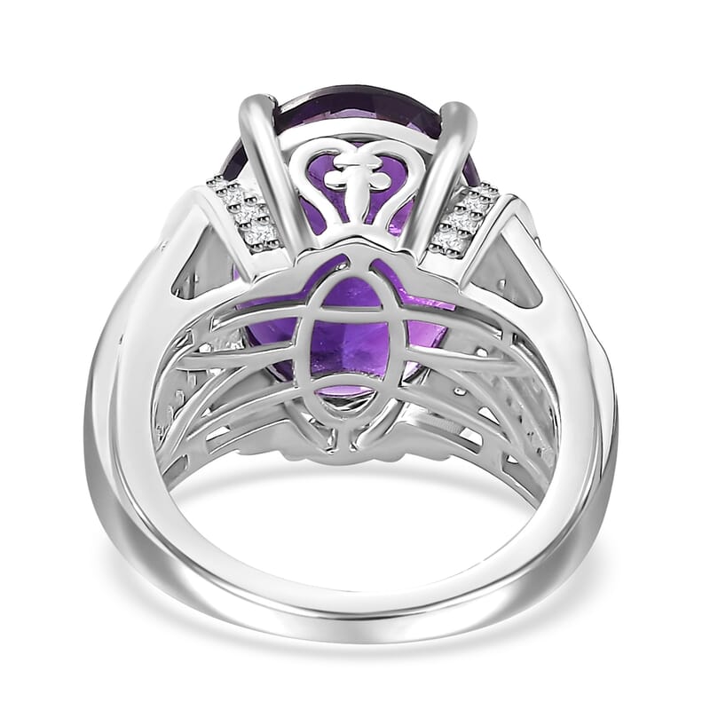 African Amethyst and White Zircon 10.00 ctw Art and Deco Ring in Rhodium Over Sterling Silver (Size 6.0)
