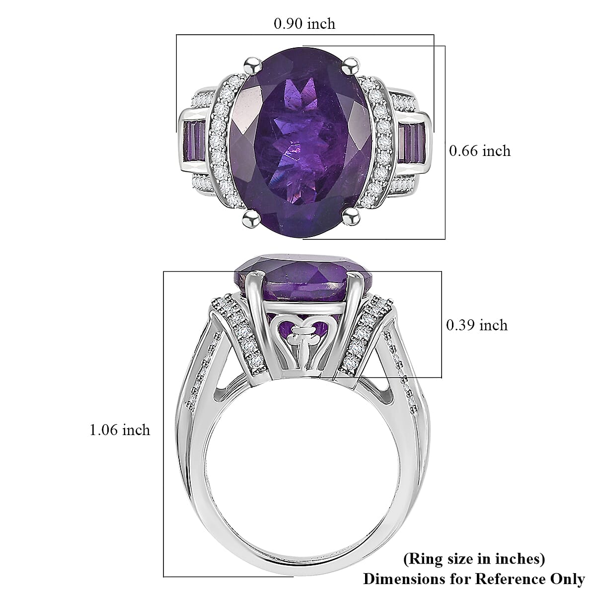 African Amethyst and White Zircon 10.00 ctw Art and Deco Ring in Rhodium Over Sterling Silver (Size 6.0)