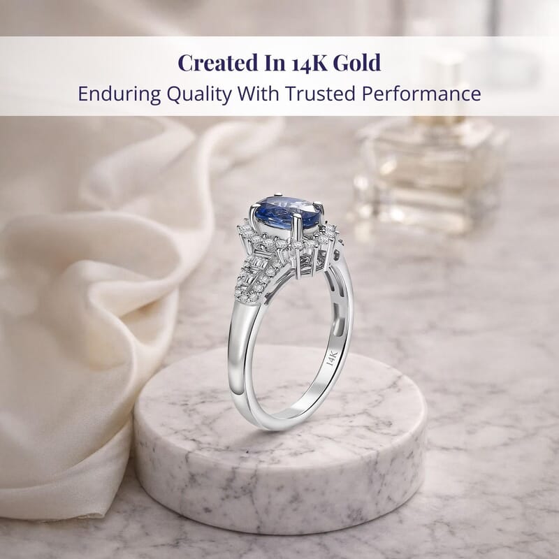 Luxoro 14K White Gold AAA Ceylon Blue Sapphire and G-H I2 Diamond Sunburst Ring (Size 6.0) 1.30 ctw