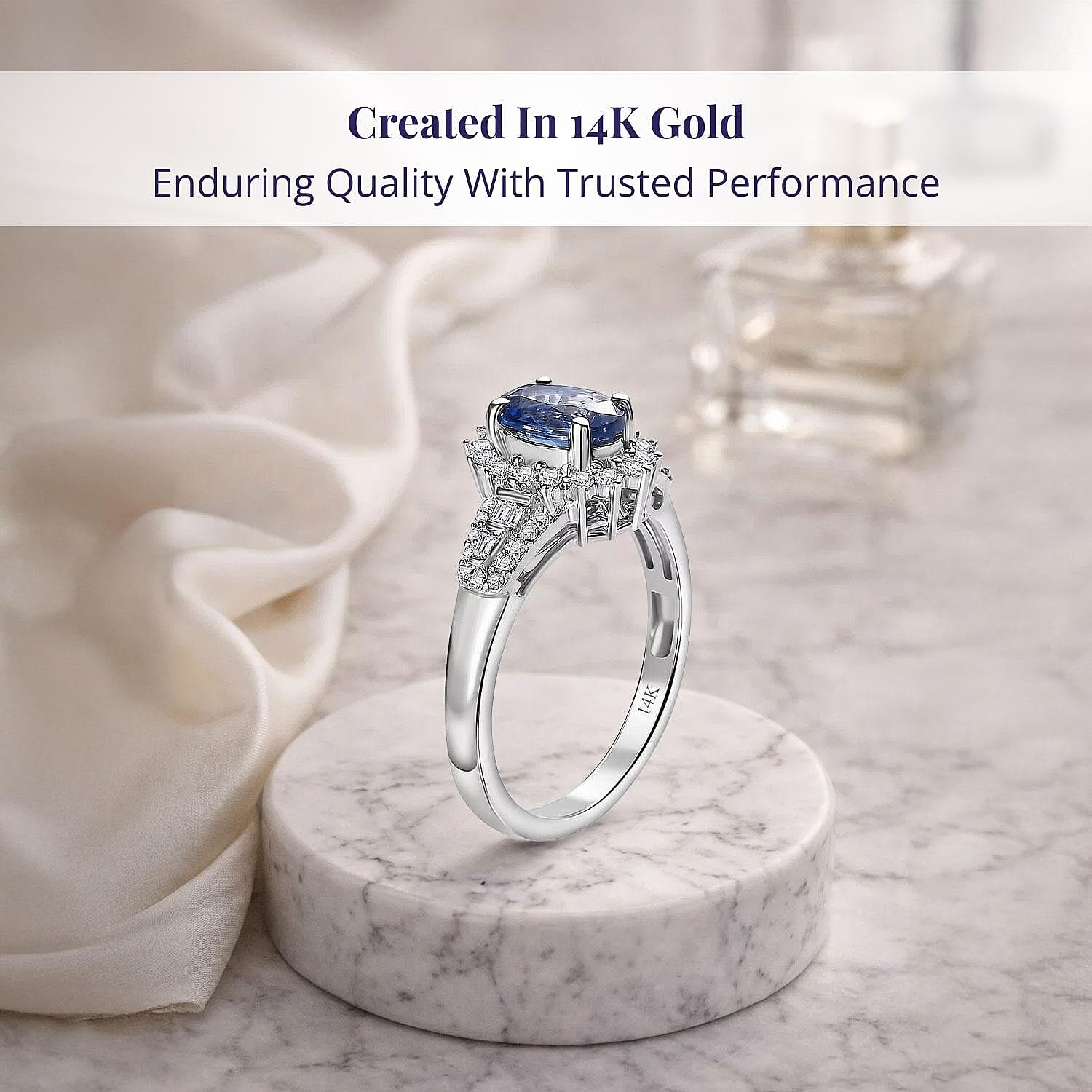 Luxoro 14K White Gold AAA Ceylon Blue Sapphire and G-H I2 Diamond Sunburst Ring (Size 9.0) 1.30 ctw
