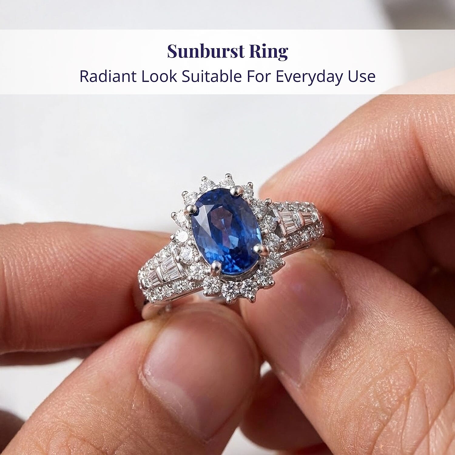 Luxoro 14K White Gold AAA Ceylon Blue Sapphire and G-H I2 Diamond Sunburst Ring (Size 9.0) 1.30 ctw