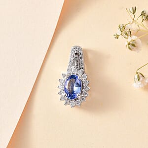 Luxoro 14K White Gold AAA Ceylon Blue Sapphire and G-H I2 Diamond Sunburst Pendant without Chain 1.25 ctw