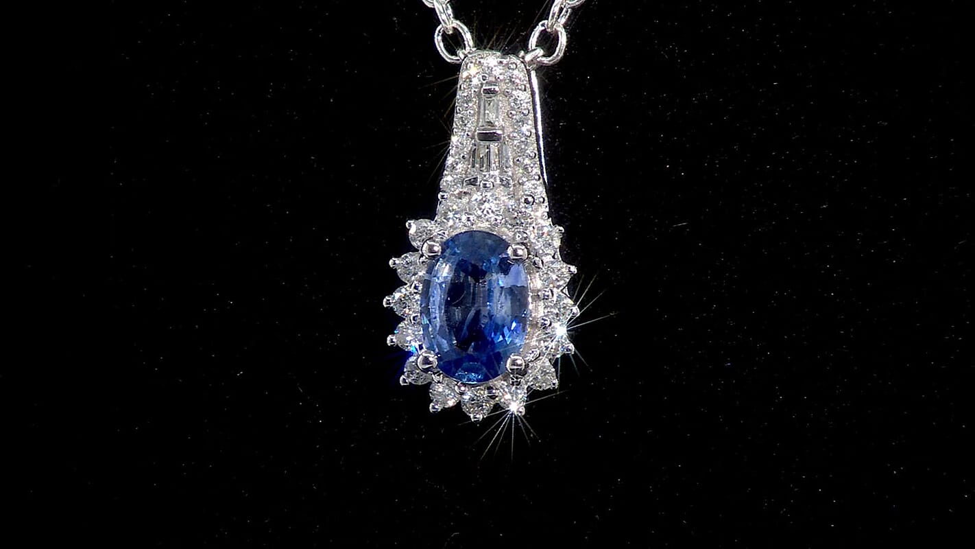 Luxoro 14K White Gold AAA Ceylon Blue Sapphire and G-H I2 Diamond Sunburst Pendant without Chain 1.25 ctw