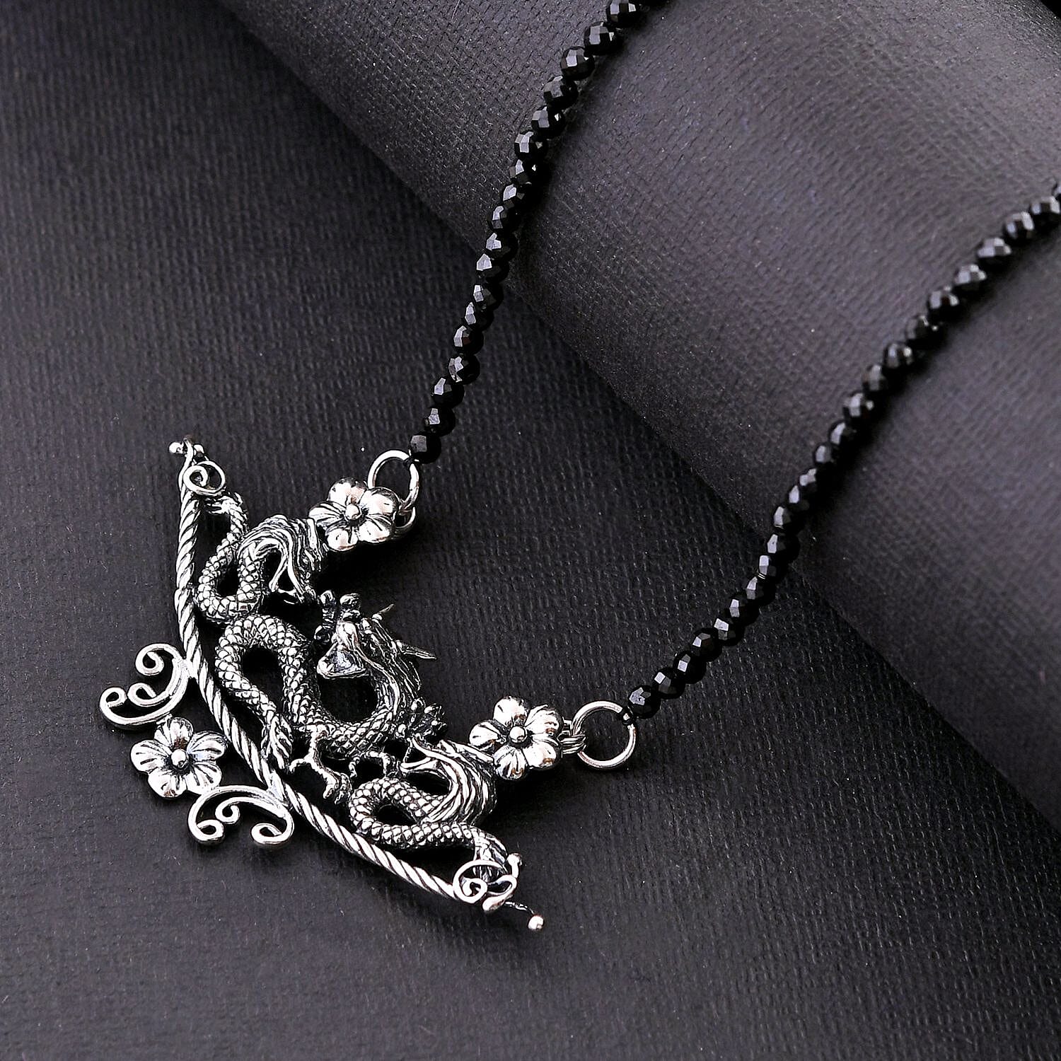 Bali Legacy Thai Black Spinel Beaded Dragon Necklace 20-22 Inches in Sterling Silver 32.50 ctw