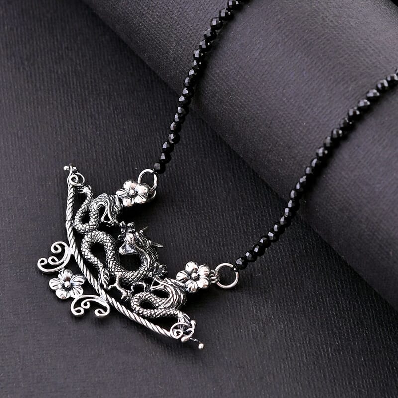 Bali Legacy Thai Black Spinel Beaded Dragon Necklace 20-22 Inches in Sterling Silver 32.50 ctw