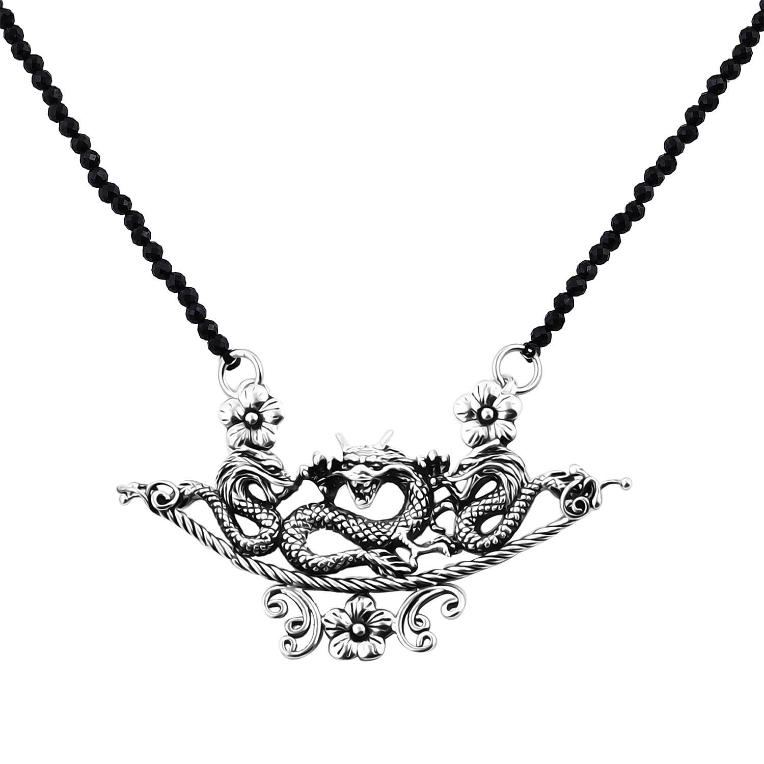 Bali Legacy Thai Black Spinel Beaded Dragon Necklace 20-22 Inches in Sterling Silver 32.50 ctw