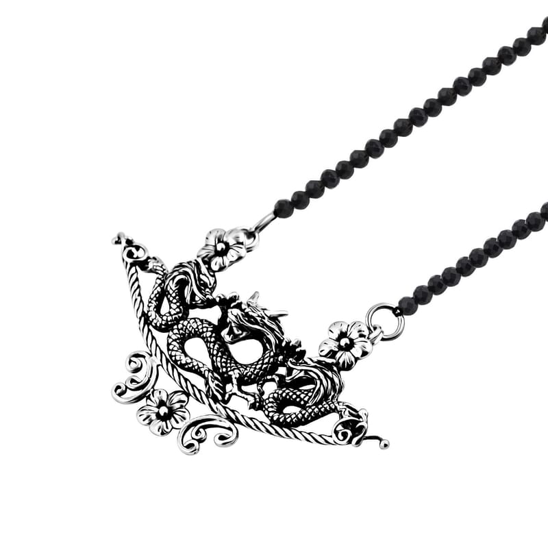 Bali Legacy Thai Black Spinel Beaded Dragon Necklace 20-22 Inches in Sterling Silver 32.50 ctw