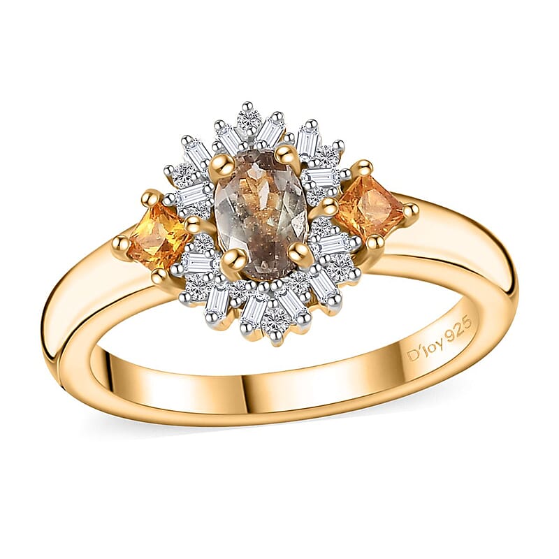 AAA Turkizite, AAA Yellow Sapphire and Diamond Ring in 18K Vermeil Yellow Gold Over Sterling Silver (Size 5.0) 1.00 ctw