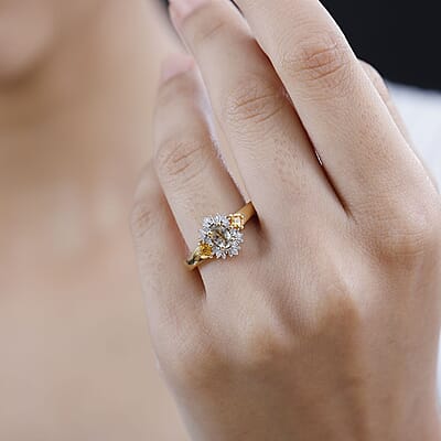 AAA Turkizite, AAA Yellow Sapphire and Diamond Ring in 18K Vermeil Yellow Gold Over Sterling Silver (Size 5.0) 1.00 ctw