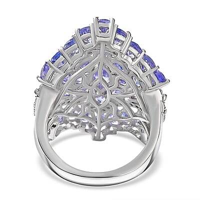 Tanzanite and White Zircon 6.00 ctw Floral Ring in Platinum Over Sterling Silver (Size 5.0)
