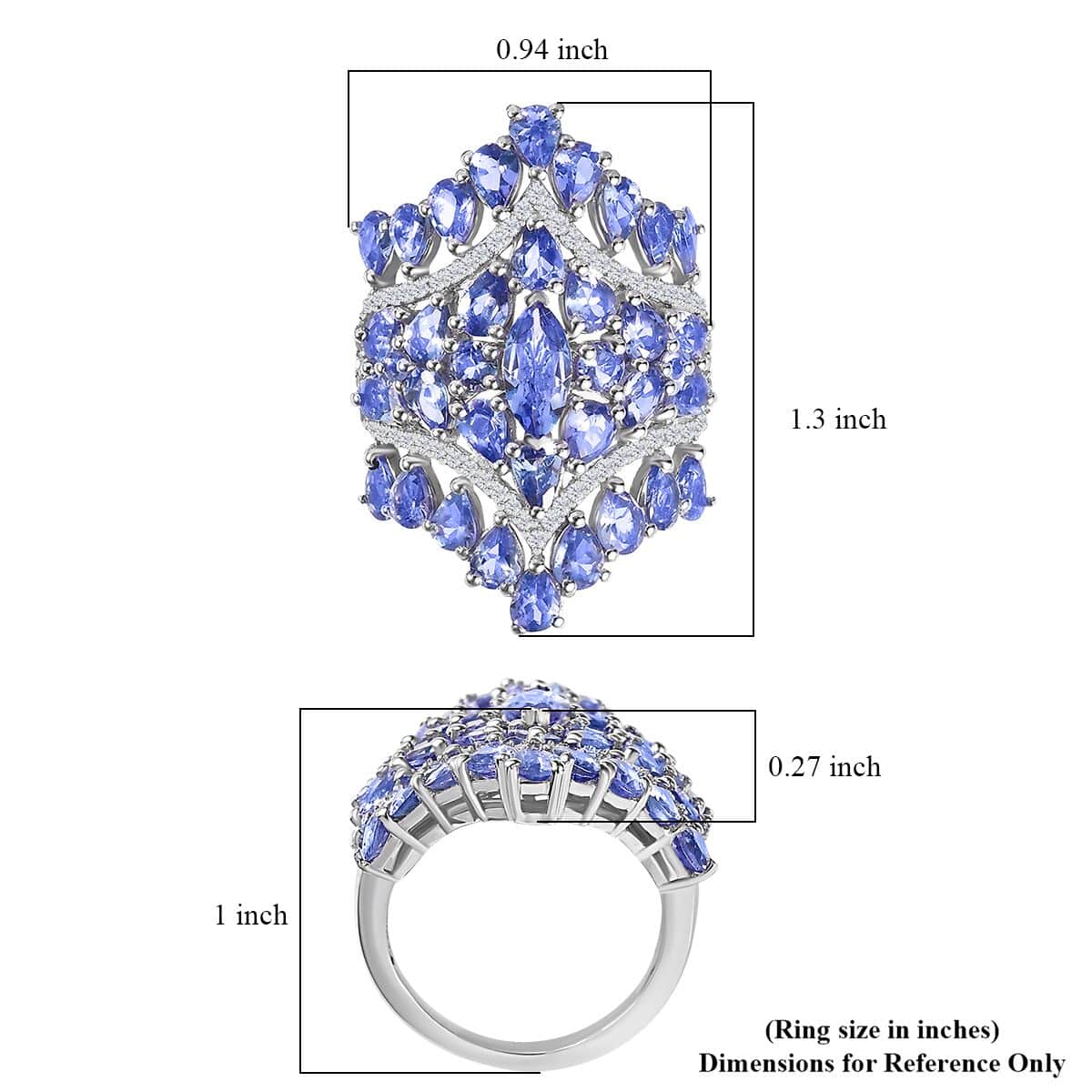 Tanzanite and White Zircon 6.00 ctw Crown Prestige Ring in Platinum Over Sterling Silver (Size 6.0) image number 5