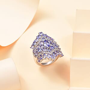 D'Joy Tanzanite and White Zircon 6.00 ctw Crown Prestige Ring in Platinum Over Sterling Silver (Size 7.0)