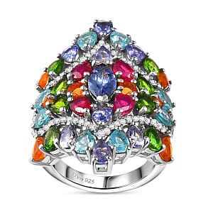 Tanzanite and Multi Gemstone 6.50 ctw Crown Prestige Ring in Platinum Over Sterling Silver (Size 5.0)