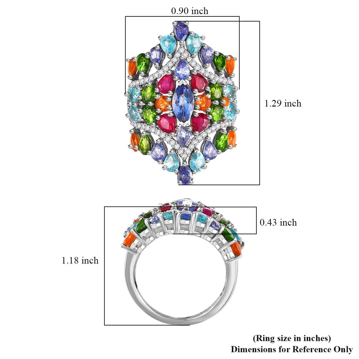 Tanzanite and Multi Gemstone 6.50 ctw Crown Prestige Ring in Platinum Over Sterling Silver (Size 9.0) image number 5