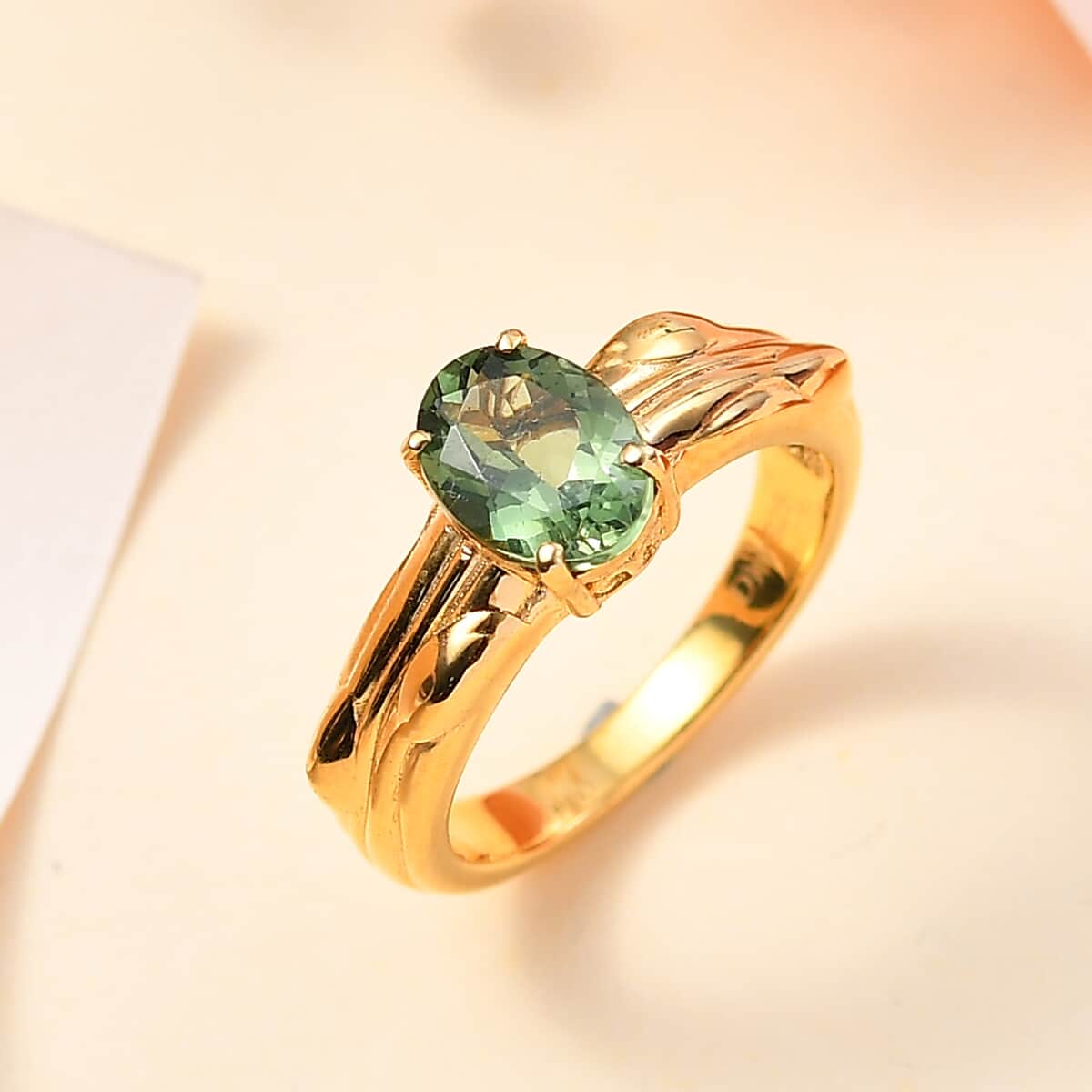 Natural Green Apatite Solitaire Ring in 18K Vermeil Yellow Gold Over Sterling Silver 1.35 ctw image number 1