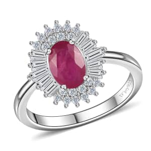 Montepuez Ruby and White Zircon Art Deco Ring in Rhodium Over Sterling Silver (Size 5.0) 1.80 ctw