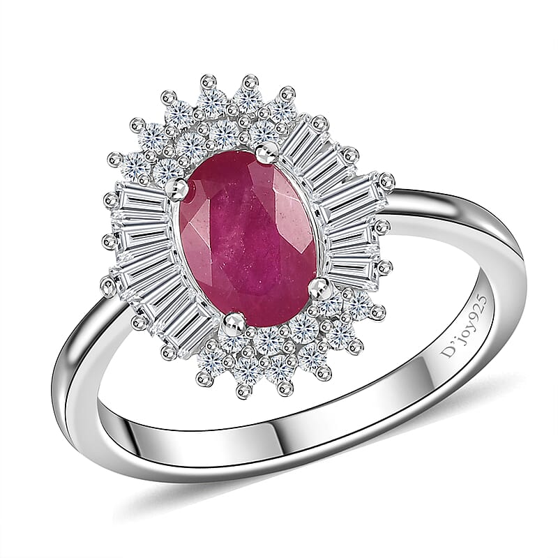 Montepuez Ruby and White Zircon Art Deco Ring in Rhodium Over Sterling Silver (Size 5.0) 1.80 ctw