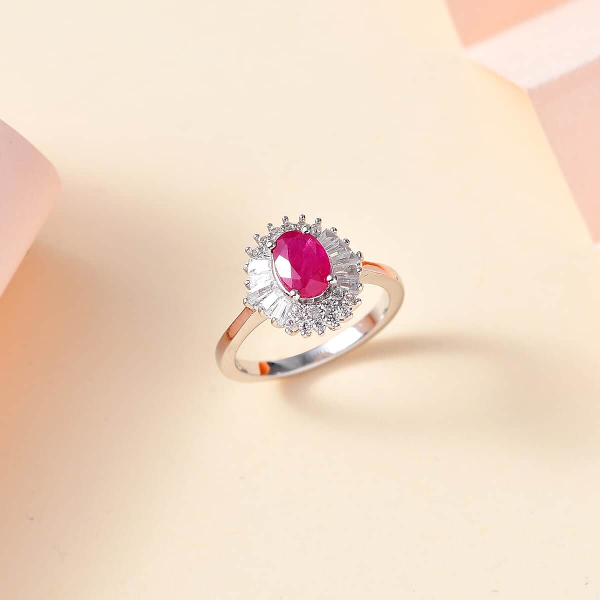 Montepuez Ruby, White Zircon Sunrays Ring in Rhodium Over Sterling Silver (Size 5.0) 1.80 ctw image number 1