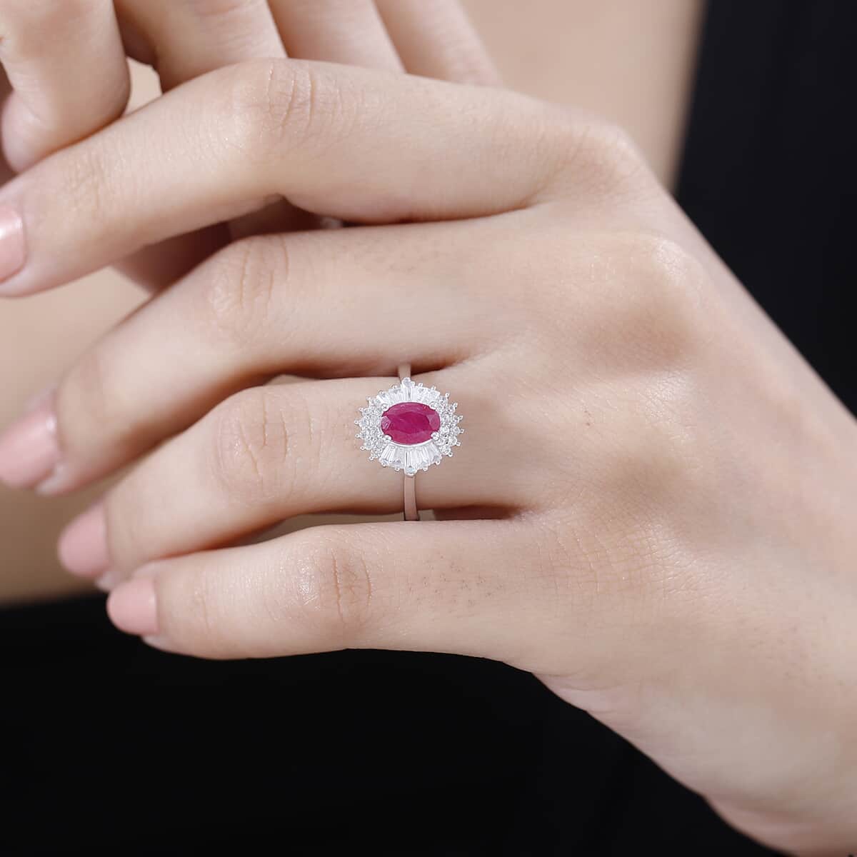 Montepuez Ruby, White Zircon Sunrays Ring in Rhodium Over Sterling Silver (Size 5.0) 1.80 ctw image number 2