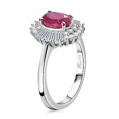 Montepuez Ruby and White Zircon Art Deco Ring in Rhodium Over Sterling Silver (Size 5.0) 1.80 ctw