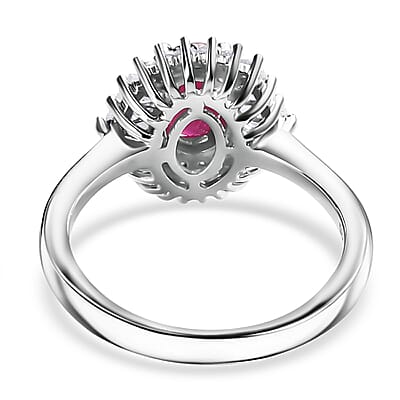 Montepuez Ruby and White Zircon Art Deco Ring in Rhodium Over Sterling Silver (Size 5.0) 1.80 ctw