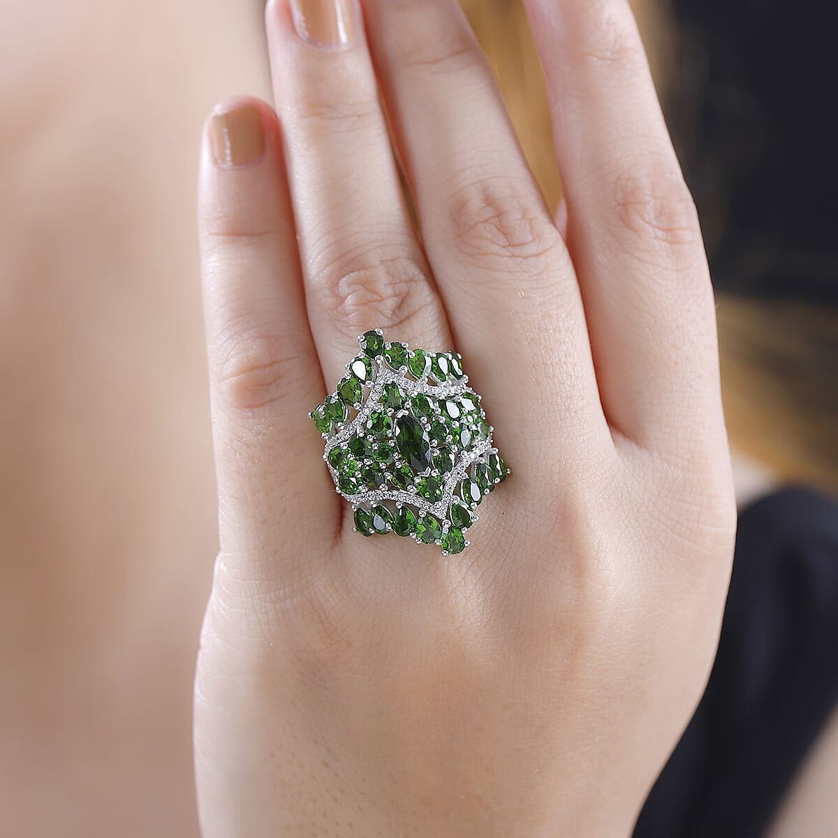Chrome Diopside and White Zircon 6.65 ctw Crown Prestige Ring in Platinum Over Sterling Silver (Size 8.0) image number 2