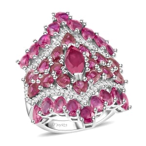 Niassa Ruby (FF) and White Zircon 9.60 ctw Floral Ring in Platinum Over Sterling Silver (Size 7.0)