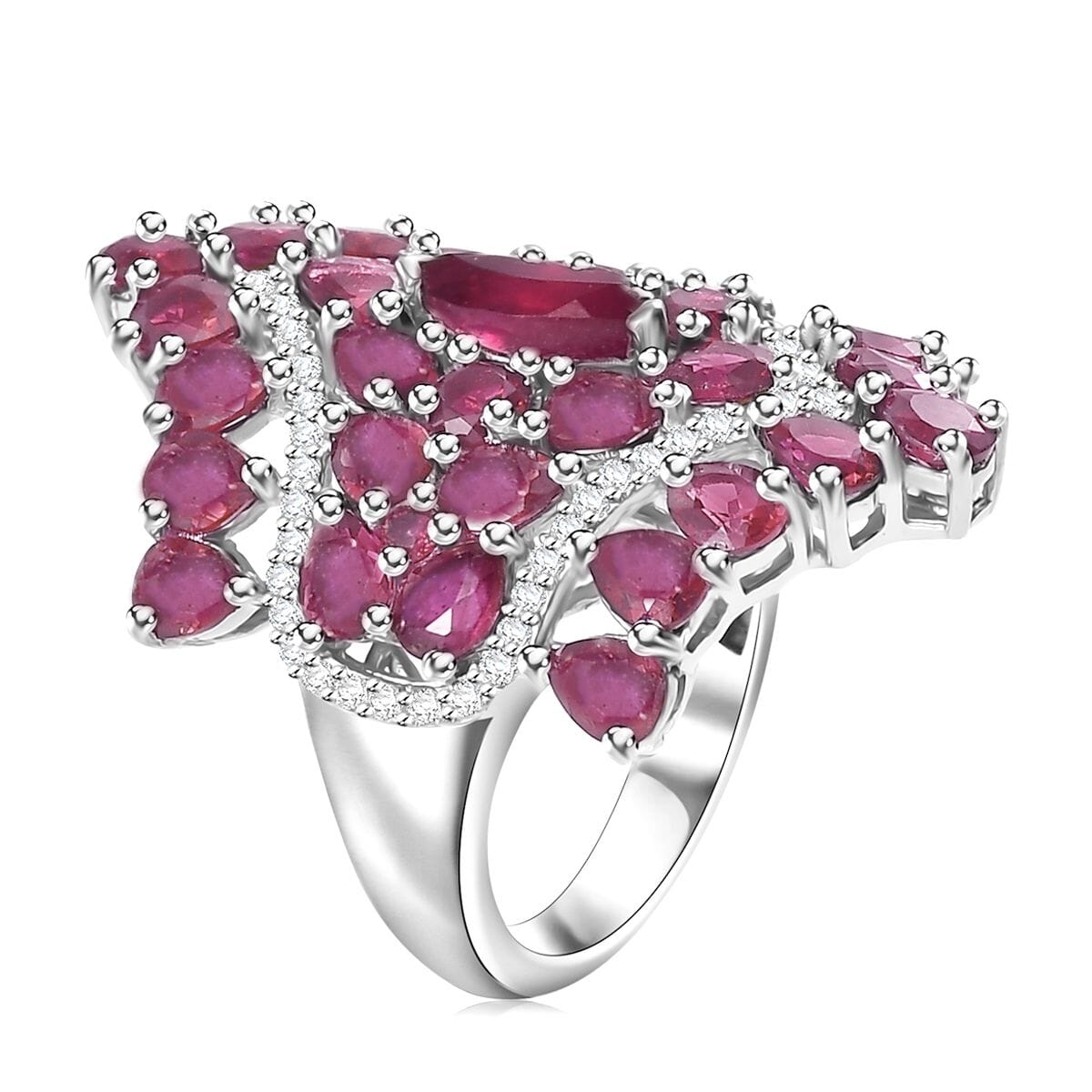 Niassa Ruby (FF) and White Zircon 9.60 ctw Floral Ring in Platinum Over Sterling Silver (Size 7.0) image number 3